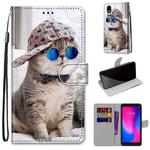 For ZTE Blade A3 2020 Coloured Drawing Cross Texture Horizontal Flip PU Leather Case with Holder & Card Slots & Wallet & Lanyard(Slant Hat Blue Mirror Cat)