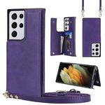 For Samsung Galaxy S21 Ultra 5G Cross-body Square Double Buckle Flip Card Bag TPU+PU Case with Card Slots & Wallet & Photo & Strap(Purple)