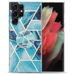 For Samsung Galaxy S21 Ultra 5G IMD Marble TPU Phone Case with Holder(Blue)