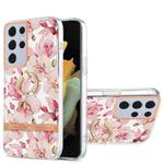 For Samsung Galaxy S21 Ultra 5G Ring IMD Flowers TPU Phone Case(Pink Gardenia)