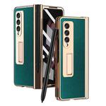For Samsung Galaxy Z Fold3 Cross Texture Integrated Electroplating Hinge Flip Phone Case with Pen Slot(Green)