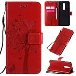 For OnePlus 8 Tree & Cat Pattern Pressed Printing Horizontal Flip PU Leather Case with Holder & Card Slots & Wallet & Lanyard(Red)