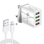 2 in 1 1m USB to 8 Pin Data Cable + 30W QC 3.0 4 USB Interfaces Mobile Phone Tablet PC Universal Quick Charger Travel Charger Set, UK Plug(White)