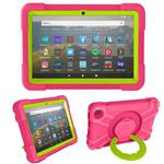 For Amazon Kindle Fire HD8 (2020) PC + Silicone Shockproof Combination Case with 360 Degree Rotating Holder & Handle(Rose Red + Grass Green)