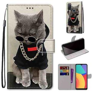 For Alcatel 1S (2021) Coloured Drawing Cross Texture Horizontal Flip PU Leather Case with Holder & Card Slots & Wallet & Lanyard(Golden Chain Grey Cat)