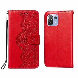 For Xiaomi Mi 11 Lite Flower Vine Embossing Pattern Horizontal Flip Leather Case with Card Slot & Holder & Wallet & Lanyard(Red)