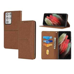 For Samsung Galaxy S21 Ultra 5G Woven Texture Stitching Magnetic Horizontal Flip PU Leather Case with Holder & Card Slots & Wallet & Lanyard(Brown)
