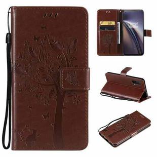 Tree & Cat Pattern Pressed Printing Horizontal Flip PU Leather Case with Holder & Card Slots & Wallet & Lanyard For OnePlus Nord CE 5G(Brown)