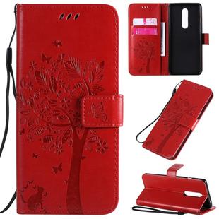 For OnePlus 8 Tree & Cat Pattern Pressed Printing Horizontal Flip PU Leather Case with Holder & Card Slots & Wallet & Lanyard(Red)