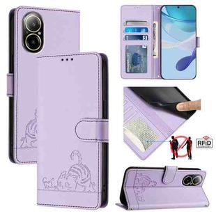 For Realme C67 4G Global Cat Rat Embossed Pattern RFID Leather Phone Case with Lanyard(Purple)