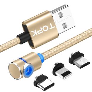 TOPK AM30 1m 2.4A Max USB to 8 Pin + USB-C / Type-C + Micro USB 90 Degree Elbow Magnetic Charging Cable with LED Indicator(Gold)