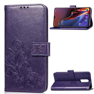 Lucky Clover Pressed Flowers Pattern Leather Case for OnePlus 6T, with Holder & Card Slots & Wallet & Hand Strap (Purple)