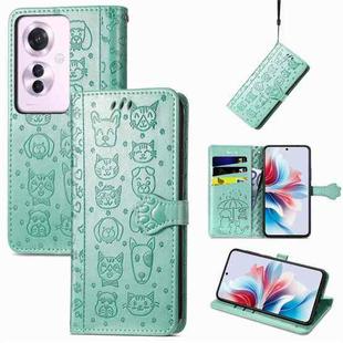 ForOPPO Reno11 F 5G Cat and Dog Embossed Leather Phone Case(Green)