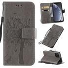 For iPhone 11 Pro Tree & Cat Pattern Pressed Printing Horizontal Flip PU Leather Case with Holder & Card Slots & Wallet & Lanyard (Grey) - 1