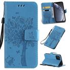 For iPhone 11 Pro Tree & Cat Pattern Pressed Printing Horizontal Flip PU Leather Case with Holder & Card Slots & Wallet & Lanyard (Blue) - 1