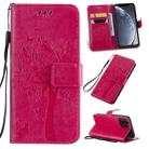 For iPhone 11 Pro Tree & Cat Pattern Pressed Printing Horizontal Flip PU Leather Case with Holder & Card Slots & Wallet & Lanyard (Rose Red) - 1