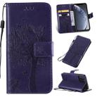 For iPhone 11 Pro Tree & Cat Pattern Pressed Printing Horizontal Flip PU Leather Case with Holder & Card Slots & Wallet & Lanyard (Purple) - 1