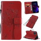 For iPhone 11 Tree & Cat Pattern Pressed Printing Horizontal Flip PU Leather Case with Holder & Card Slots & Wallet & Lanyard (Red) - 1