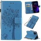 For iPhone 11 Tree & Cat Pattern Pressed Printing Horizontal Flip PU Leather Case with Holder & Card Slots & Wallet & Lanyard (Blue) - 1