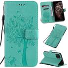 For iPhone 11 Pro Max Tree & Cat Pattern Pressed Printing Horizontal Flip PU Leather Case with Holder & Card Slots & Wallet & Lanyard (Green) - 1