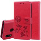 For Galaxy A20e Pressed Printing Rose Pattern Horizontal Flip PU Leather Case with Holder & Card Slots & Wallet(Red) - 1