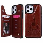 For iPhone 12 Pro Max Skull Head Embossing Pattern Shockproof Protective Case with Holder & Card Slots & Wallet(Brown) - 1