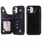 For iPhone 12 mini Six Cats Embossing Pattern Protective Case with Holder & Card Slots & Photo Frame (Black) - 1