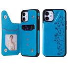 For iPhone 12 mini Six Cats Embossing Pattern Protective Case with Holder & Card Slots & Photo Frame (Blue) - 1