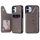 For iPhone 12 mini Six Cats Embossing Pattern Protective Case with Holder & Card Slots & Photo Frame (Grey) - 1