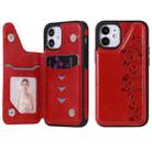 For iPhone 12 mini Six Cats Embossing Pattern Protective Case with Holder & Card Slots & Photo Frame (Red) - 1