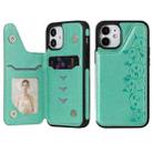 For iPhone 12 mini Six Cats Embossing Pattern Protective Case with Holder & Card Slots & Photo Frame (Green) - 1