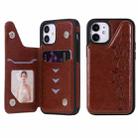 For iPhone 12 mini Six Cats Embossing Pattern Protective Case with Holder & Card Slots & Photo Frame (Brown) - 1