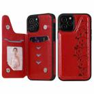 For iPhone 12 / 12 Pro Six Cats Embossing Pattern Protective Case with Holder & Card Slots & Photo Frame(Red) - 1