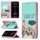 For iPhone 12 / 12 Pro Colored Drawing Pattern Invisible Magnetic Horizontal Flip PU Leather Case with Holder & Card Slots & Wallet(Cat) - 1