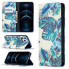 For iPhone 12 Pro Max Colored Drawing Pattern Invisible Magnetic Horizontal Flip PU Leather Case with Holder & Card Slots & Wallet(Blue Leaves) - 1