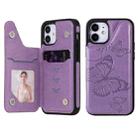 For iPhone 12 mini Butterfly Embossing Pattern Shockproof Protective Case with Holder & Card Slots & Photo Frame (Purple) - 1