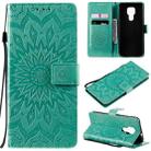 For Motorola Moto G9 Play Pressed Printing Sunflower Pattern Horizontal Flip PU Leather Case with Holder & Card Slots & Wallet & Lanyard(Green) - 1