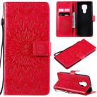 For Motorola Moto G9 Play Pressed Printing Sunflower Pattern Horizontal Flip PU Leather Case with Holder & Card Slots & Wallet & Lanyard(Red) - 1