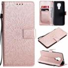 For Motorola Moto G9 Play Pressed Printing Sunflower Pattern Horizontal Flip PU Leather Case with Holder & Card Slots & Wallet & Lanyard(Rose Gold) - 1