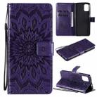 For Motorola Moto G9 Plus Pressed Printing Sunflower Pattern Horizontal Flip PU Leather Case with Holder & Card Slots & Wallet & Lanyard(Purple) - 1