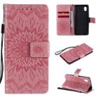 For Samsung Galaxy A01 Core Pressed Printing Sunflower Pattern Horizontal Flip PU Leather Case with Holder & Card Slots & Wallet & Lanyard(Pink) - 1