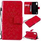 For Samsung Galaxy A01(US Version) Pressed Printing Sunflower Pattern Horizontal Flip PU Leather Case with Holder & Card Slots & Wallet & Lanyard(Red) - 1
