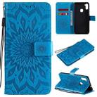 For Samsung Galaxy A11(US Version) Pressed Printing Sunflower Pattern Horizontal Flip PU Leather Case with Holder & Card Slots & Wallet & Lanyard(Blue) - 1