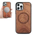 For iPhone 12 Pro Max Wood Veneer Ring Embossed Magsafe Case Magnetic TPU Shockproof Case(Rosewood) - 1