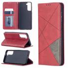 For Samsung Galaxy S21 5G Rhombus Texture Horizontal Flip Magnetic Leather Case with Holder & Card Slots(Red) - 1