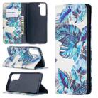 For Samsung Galaxy S21 Colored Drawing Pattern Invisible Magnetic Flip Leather Case (Blue Leaves) - 1