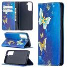 For Samsung Galaxy S21 Colored Drawing Pattern Invisible Magnetic Flip Leather Case (Gold Butterflies) - 1