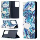 For Samsung Galaxy S21 Ultra 5G Colored Drawing Pattern Invisible Magnetic Horizontal Flip PU Leather Case with Holder & Card Slots & Wallet(Blue Leaves) - 1