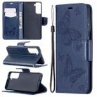 For Samsung Galaxy S21 5G Embossing Two Butterflies Pattern Horizontal Flip PU Leather Case with Holder & Card Slot & Wallet & Lanyard(Blue) - 1