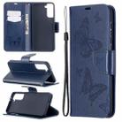 For Samsung Galaxy S21+ 5G Embossing Two Butterflies Pattern Horizontal Flip PU Leather Case with Holder & Card Slot & Wallet & Lanyard(Blue) - 1